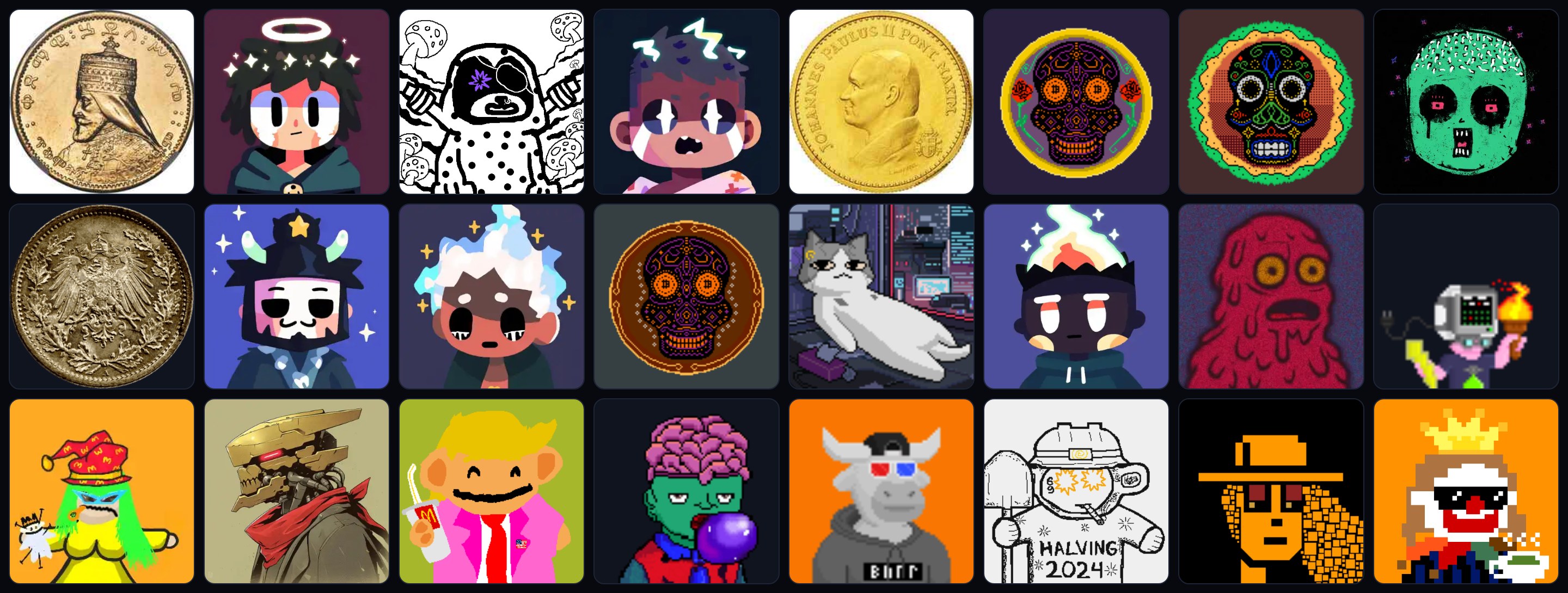 Two dozen inscriptions Flow has followed: coins, sugar skulls, pixel characters, a cat at a desk, a halving poster, a bull in 3D glasses.